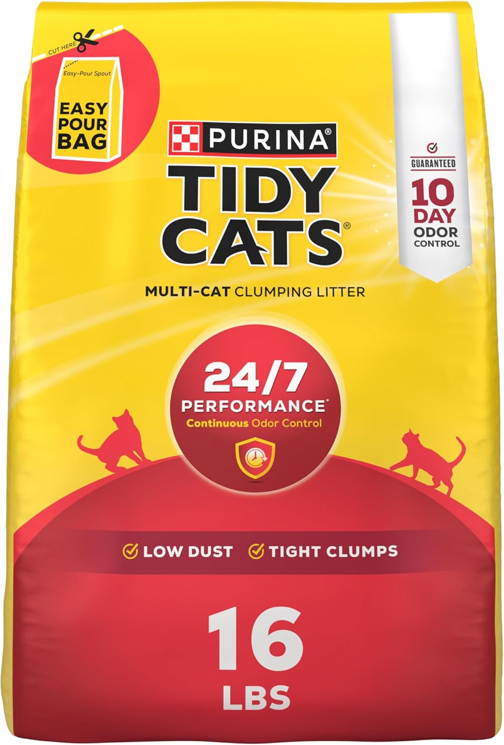 Purina Tidy Cats Clumping Cat Litter 24/7 Performance Multi-Cat Odor Control 16 lb bag beside a clean litter box.
