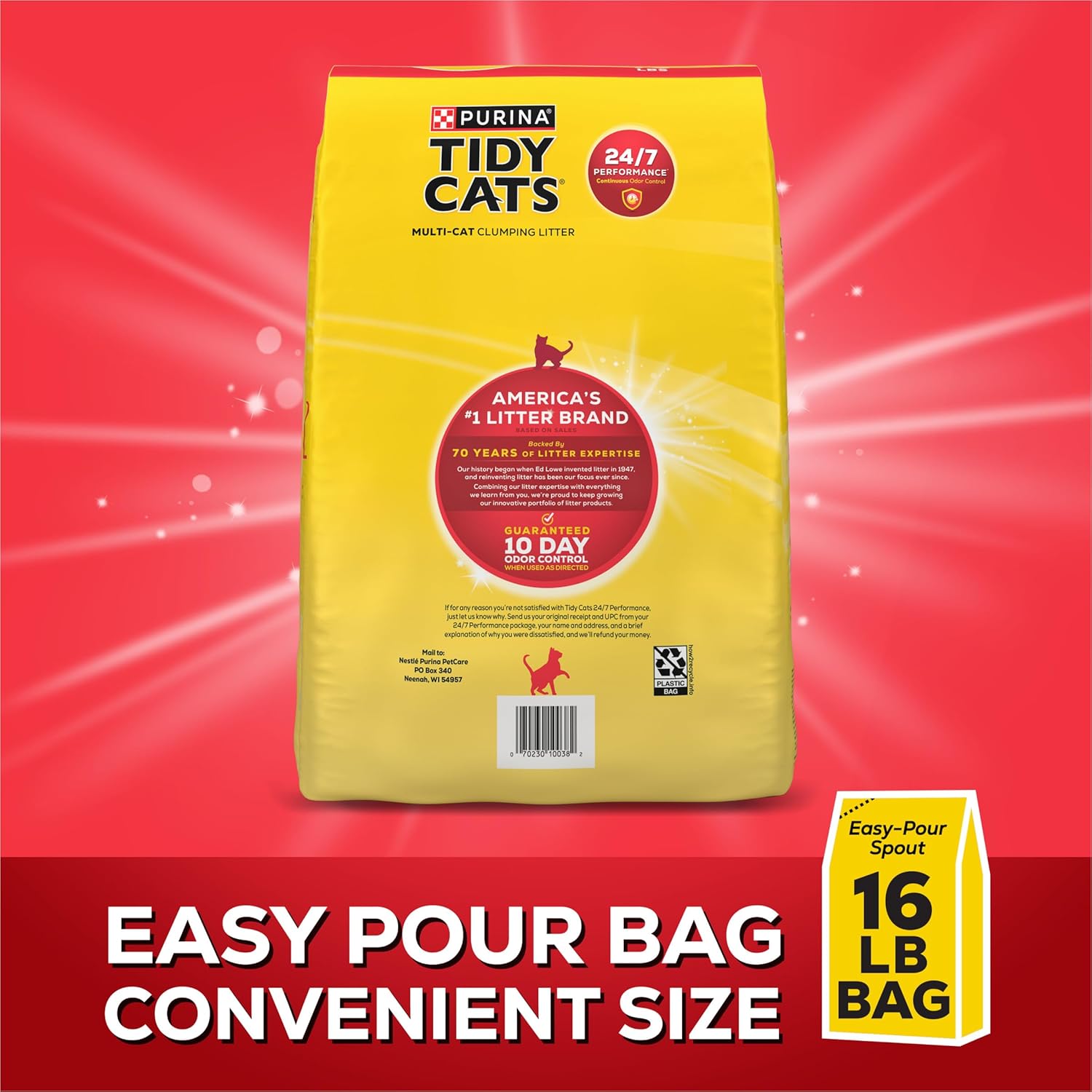 Purina Tidy Cats Clumping Cat Litter 24/7 Performance Multi-Cat Odor Control 16 lb bag beside a clean litter box.