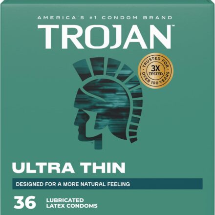 Trojan Ultra Thin Latex Lubricated Condoms 36 count package designed for enhanced sensitivity, comfort, and reliable protection.