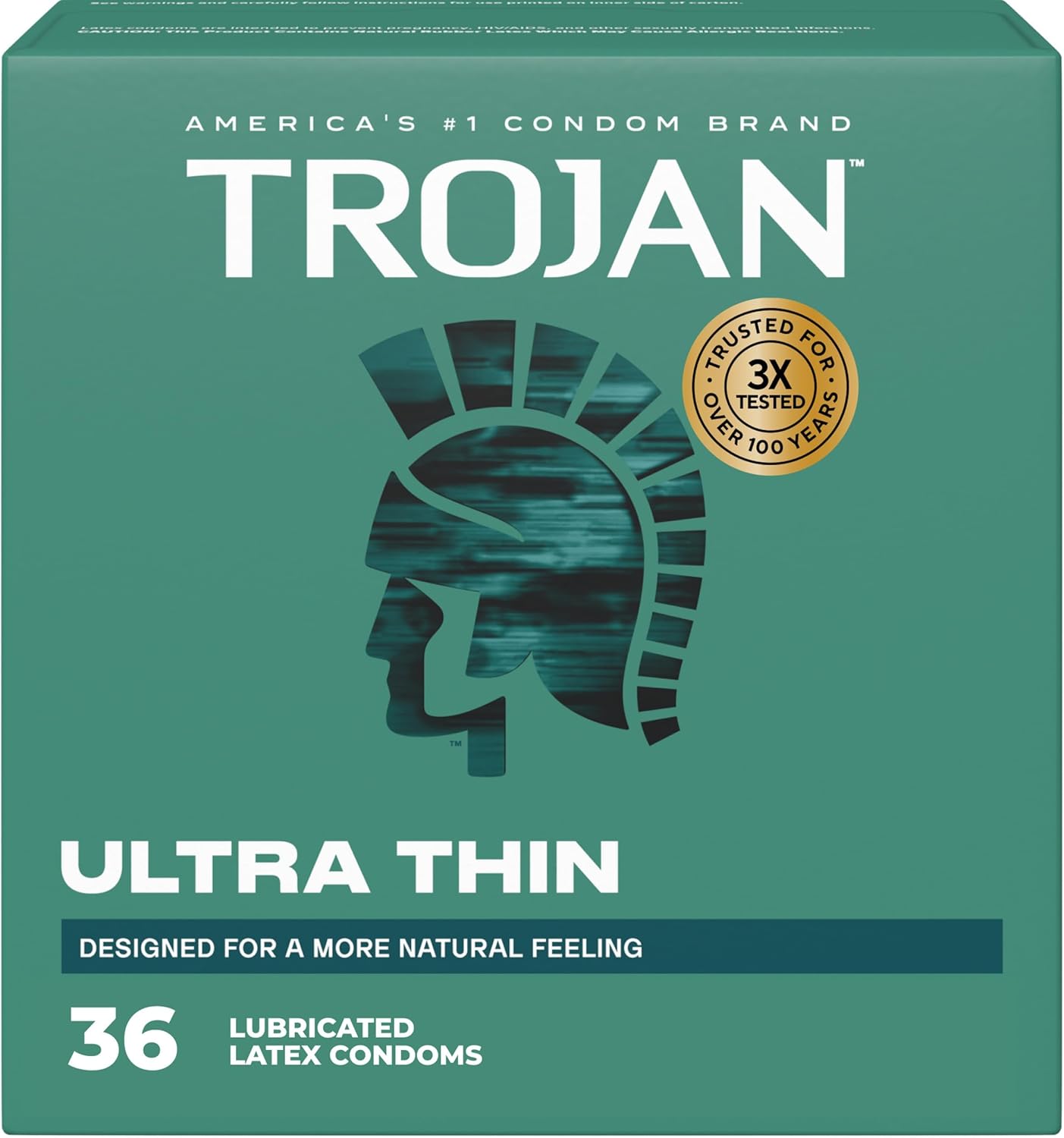 Trojan Ultra Thin Latex Lubricated Condoms 36 count package designed for enhanced sensitivity, comfort, and reliable protection.