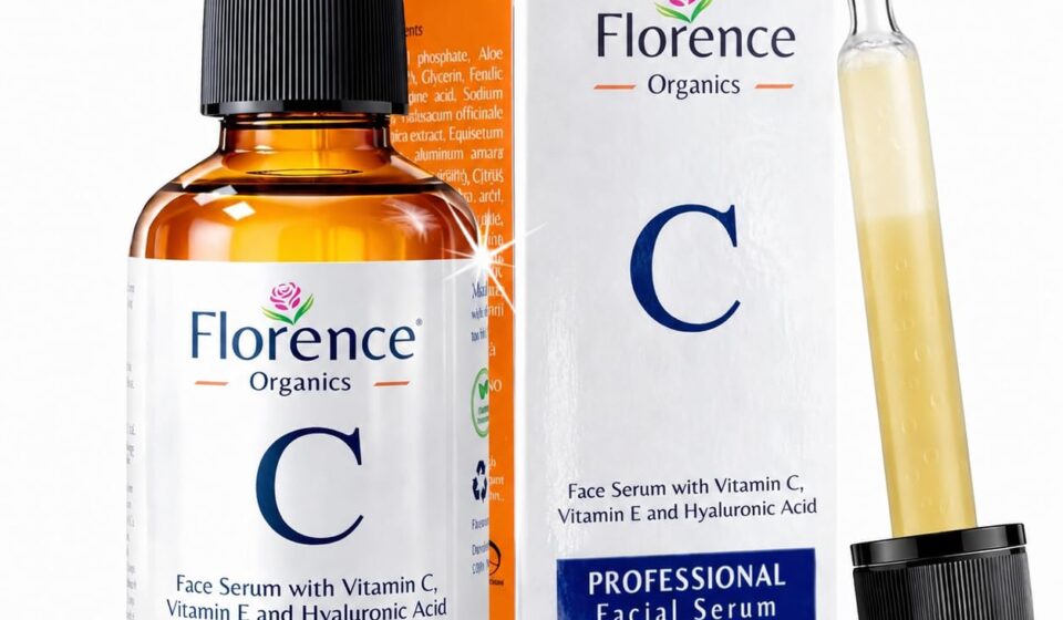 Vitamin C facial serum with Hyaluronic Acid and Vitamin E designed to brighten skin, improve dark spots, and support anti-aging skincare.