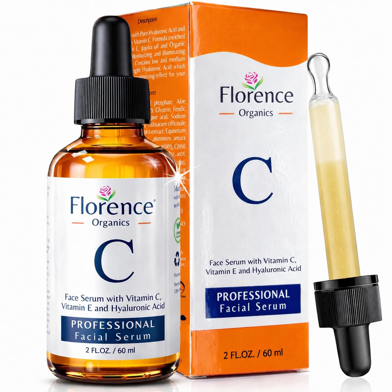 Vitamin C facial serum with Hyaluronic Acid and Vitamin E designed to brighten skin, improve dark spots, and support anti-aging skincare.