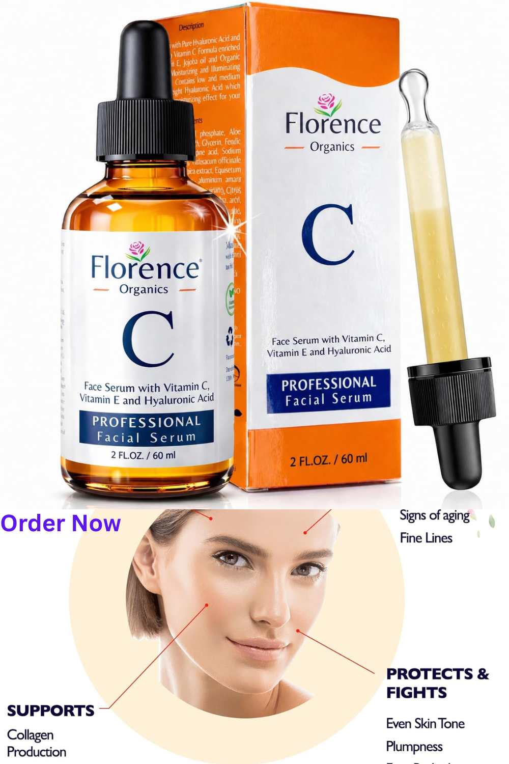 Vitamin C facial serum with Hyaluronic Acid and Vitamin E designed to brighten skin, improve dark spots, and support anti-aging skincare.
