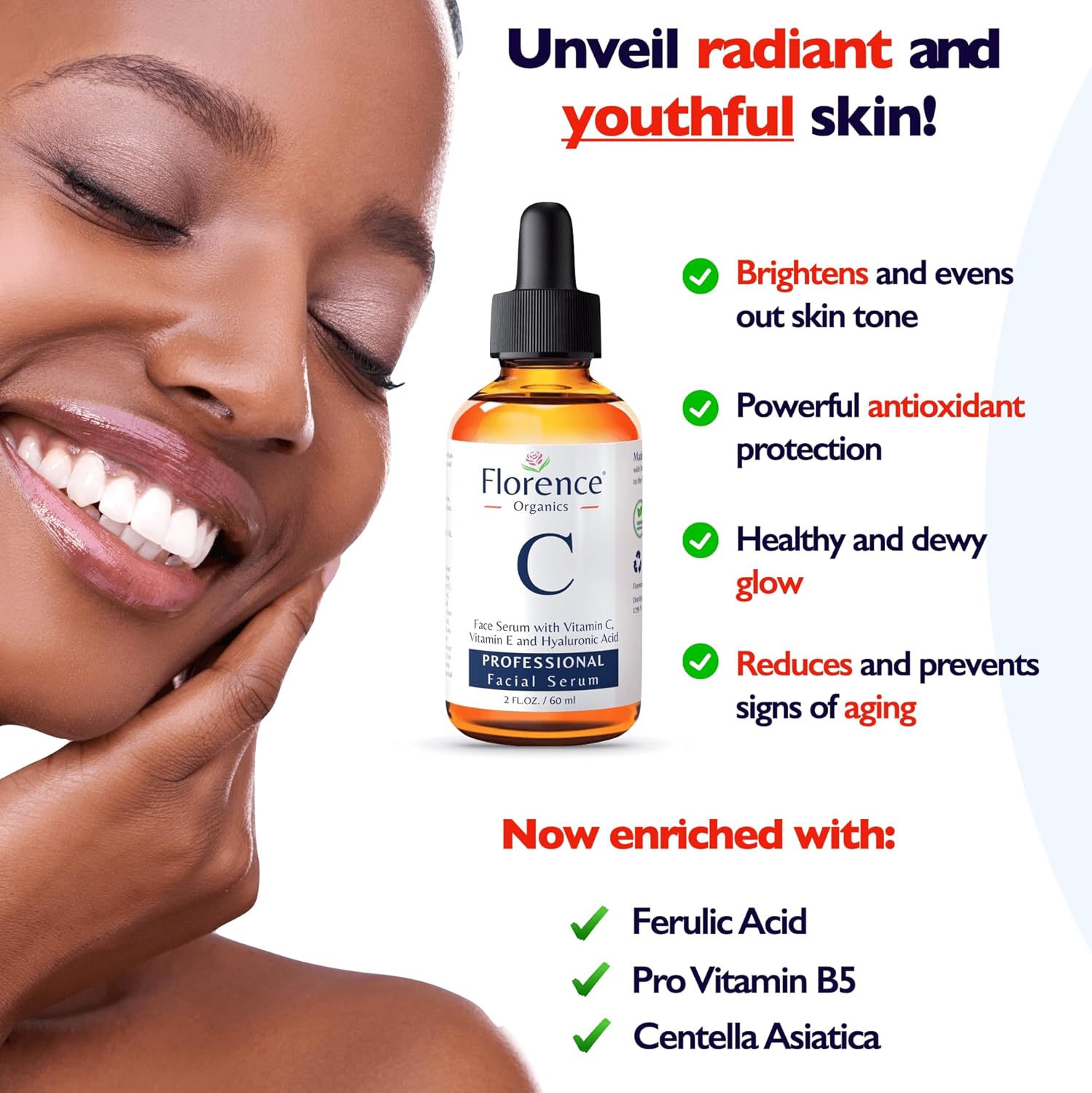Vitamin C facial serum with Hyaluronic Acid and Vitamin E designed to brighten skin, improve dark spots, and support anti-aging skincare.