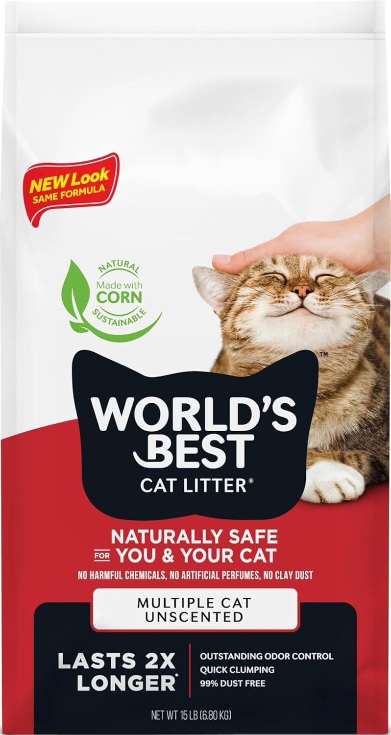 WORLD'S BEST CAT LITTER Multiple Cat Unscented 15 lb Natural Flushable Cat Litter with Quick Clumping and Long-Lasting Odor Control