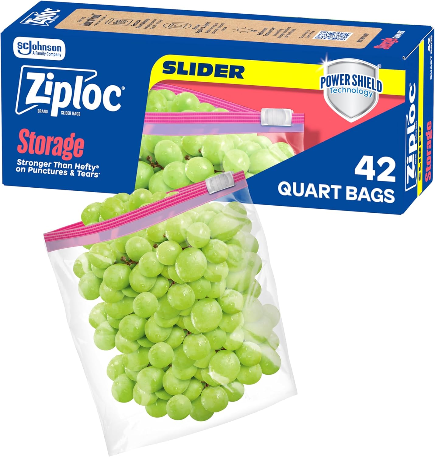 Ziploc Quart Food Storage Slider Bags with Power Shield Technology and easy slider closure for durable food storage and freshness.