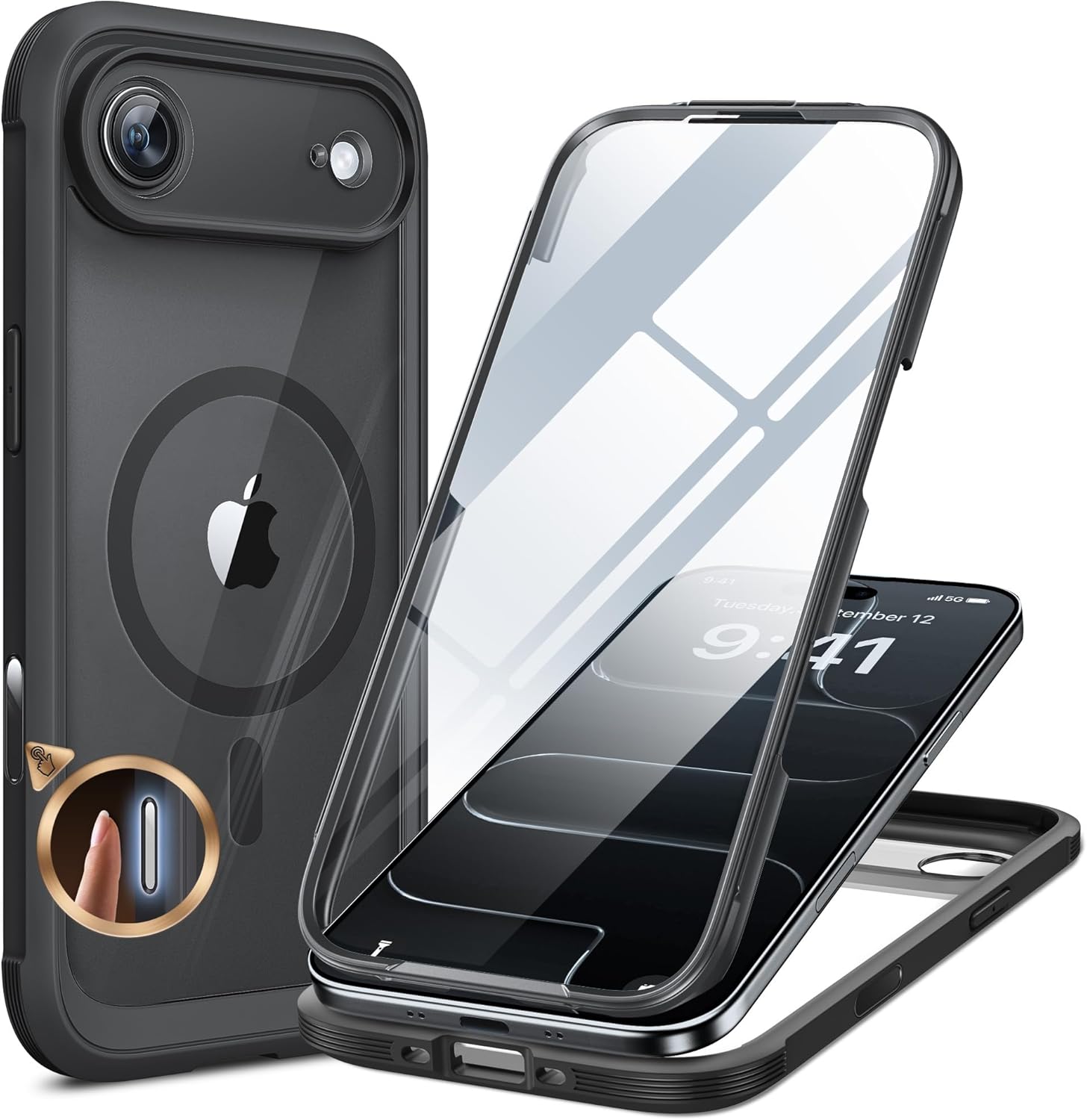 Miracase Magnetic iPhone Air case in black with built-in tempered glass screen protector, MagSafe compatibility, and full-body protection.