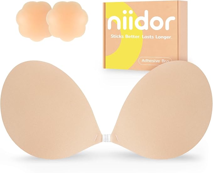 Woman wearing a Niidor Adhesive Bra under a backless dress, featuring invisible support, push-up enhancement, reusable silicone cups, and seamless styling for special occasions.