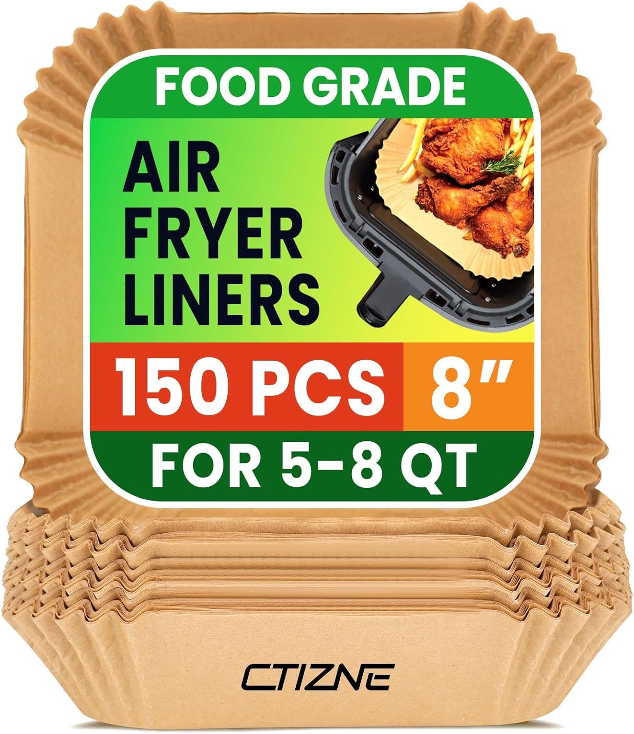 Air Fryer Liners Disposable 150 pack 8 inch square unbleached parchment paper liners for 5 to 8 quart air fryer baskets