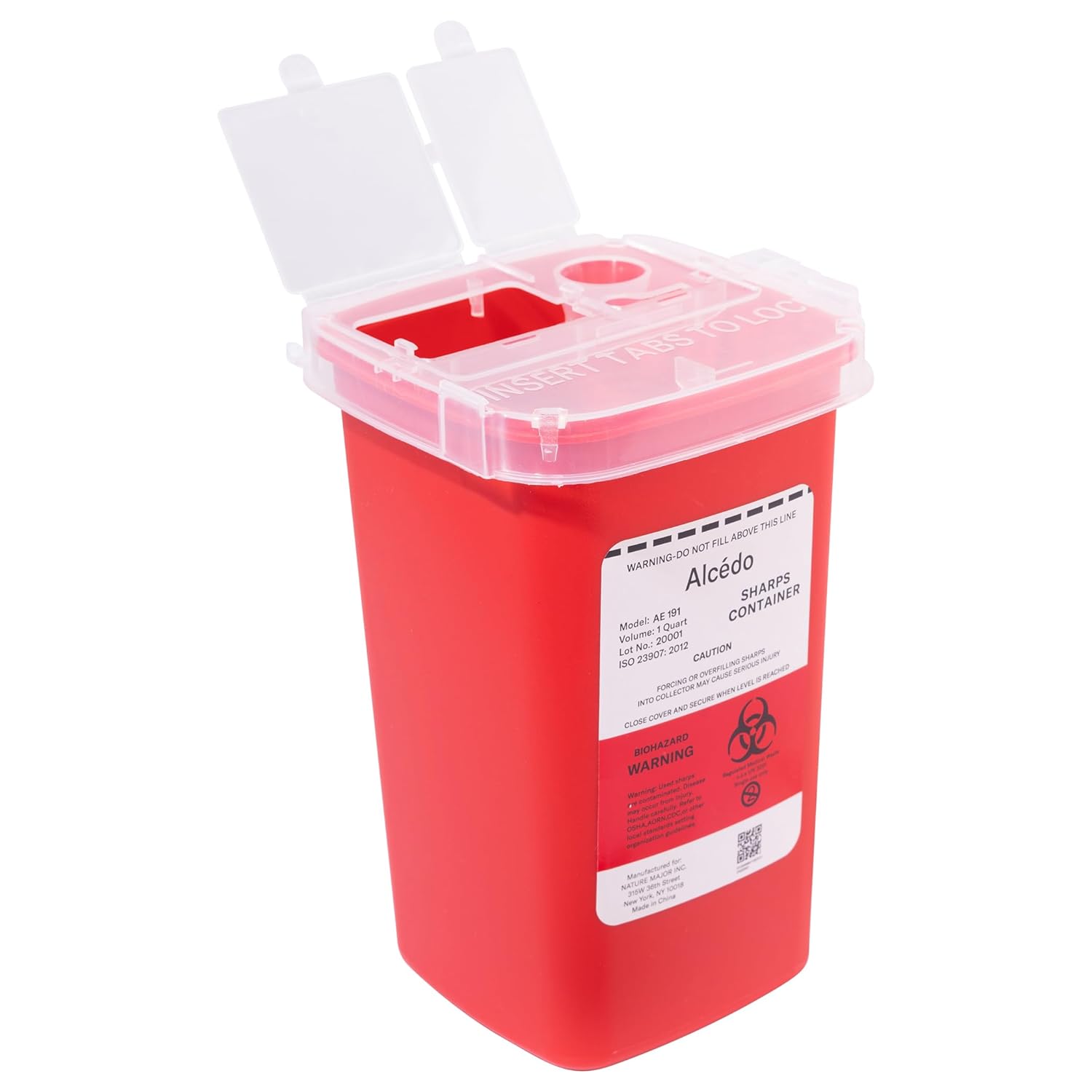 Alcedo 1 Quart portable sharps container with built-in needle removal port clear lid for safe needle and syringe disposal