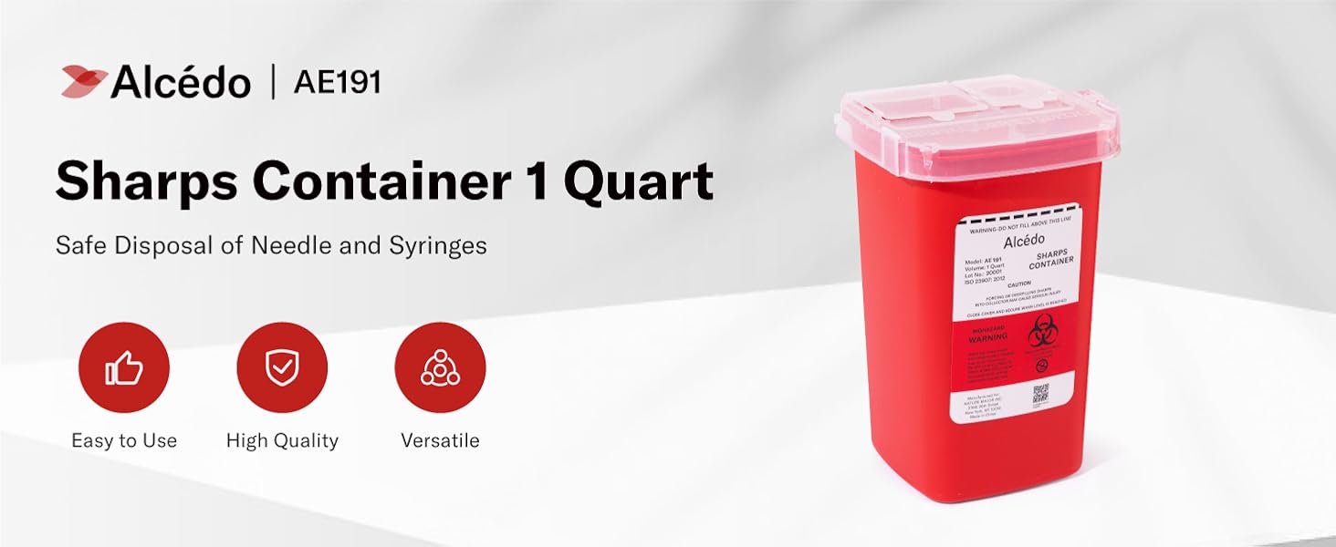 Alcedo 1 Quart portable sharps container with built-in needle removal port clear lid for safe needle and syringe disposal