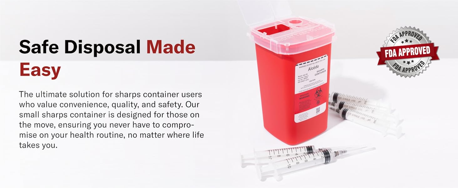Alcedo 1 Quart portable sharps container with built-in needle removal port clear lid for safe needle and syringe disposal