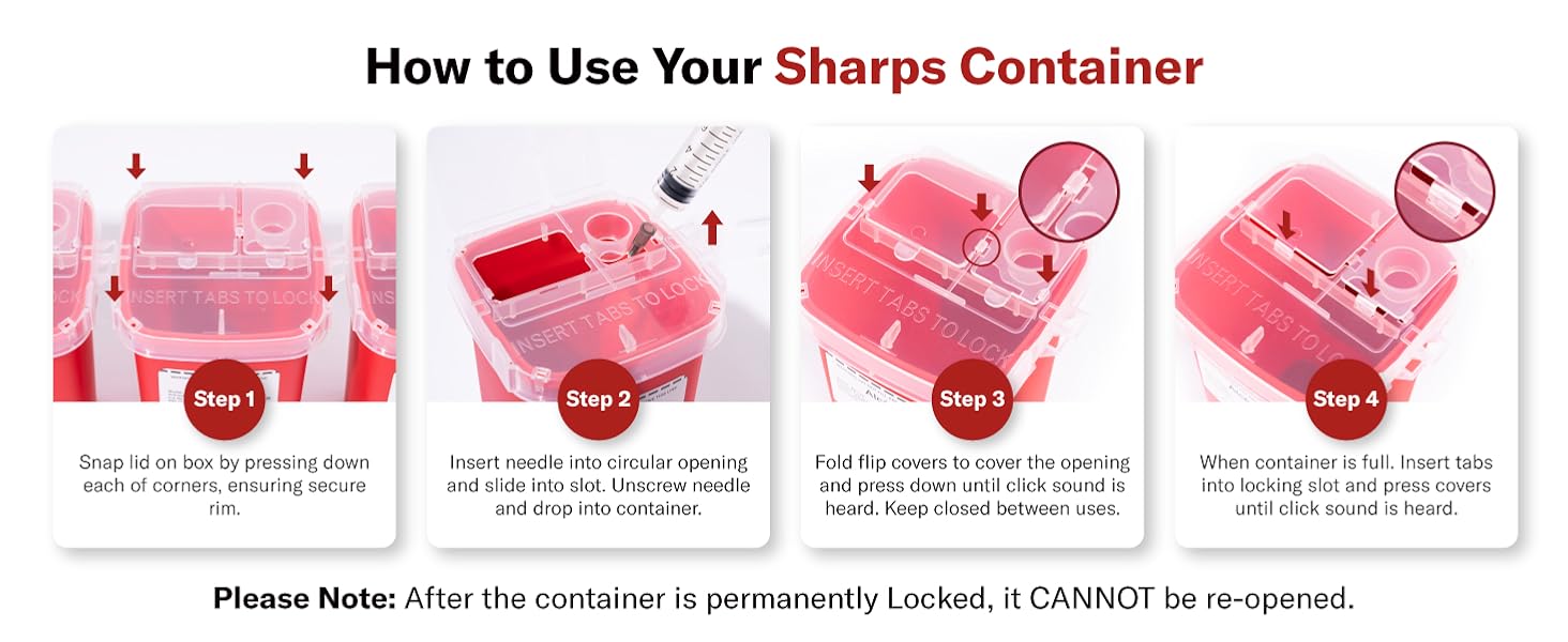 Alcedo 1 Quart portable sharps container with built-in needle removal port clear lid for safe needle and syringe disposal
