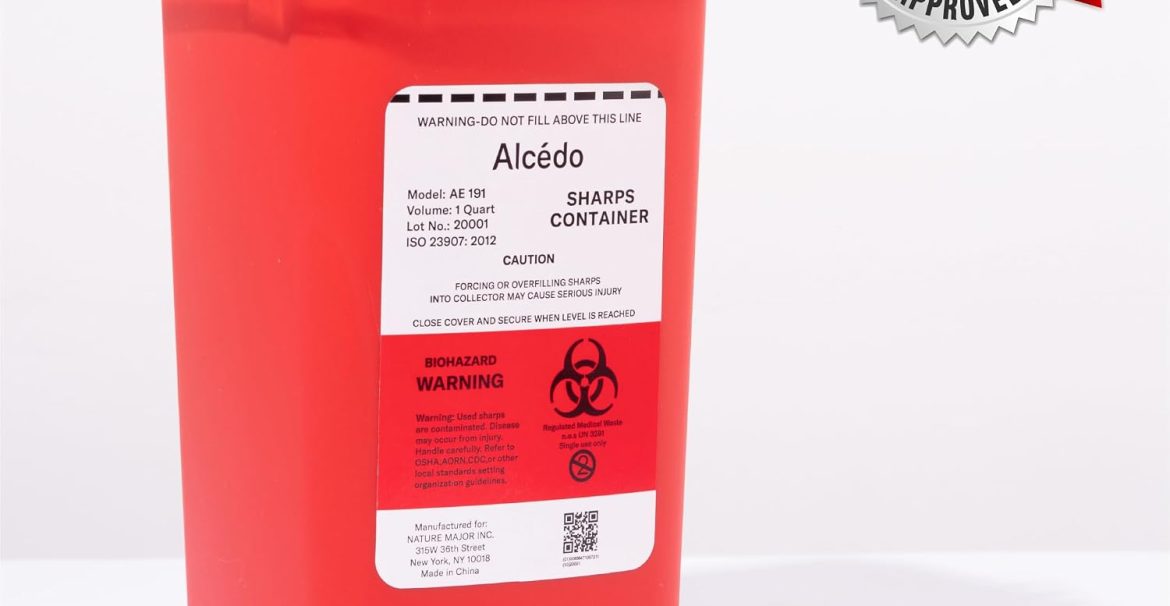 Alcedo 1 Quart portable sharps container with built-in needle removal port clear lid for safe needle and syringe disposal