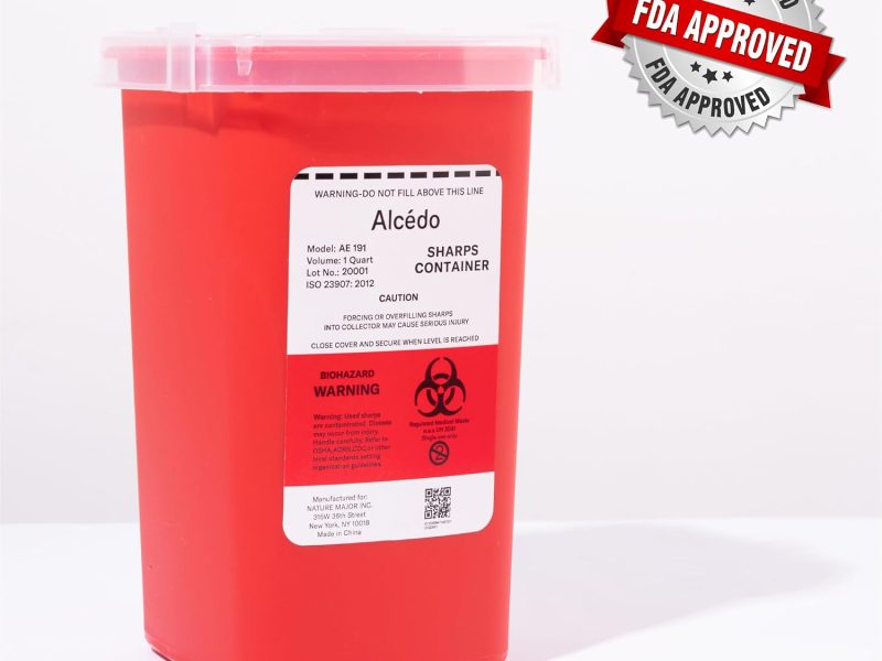 Alcedo 1 Quart portable sharps container with built-in needle removal port clear lid for safe needle and syringe disposal