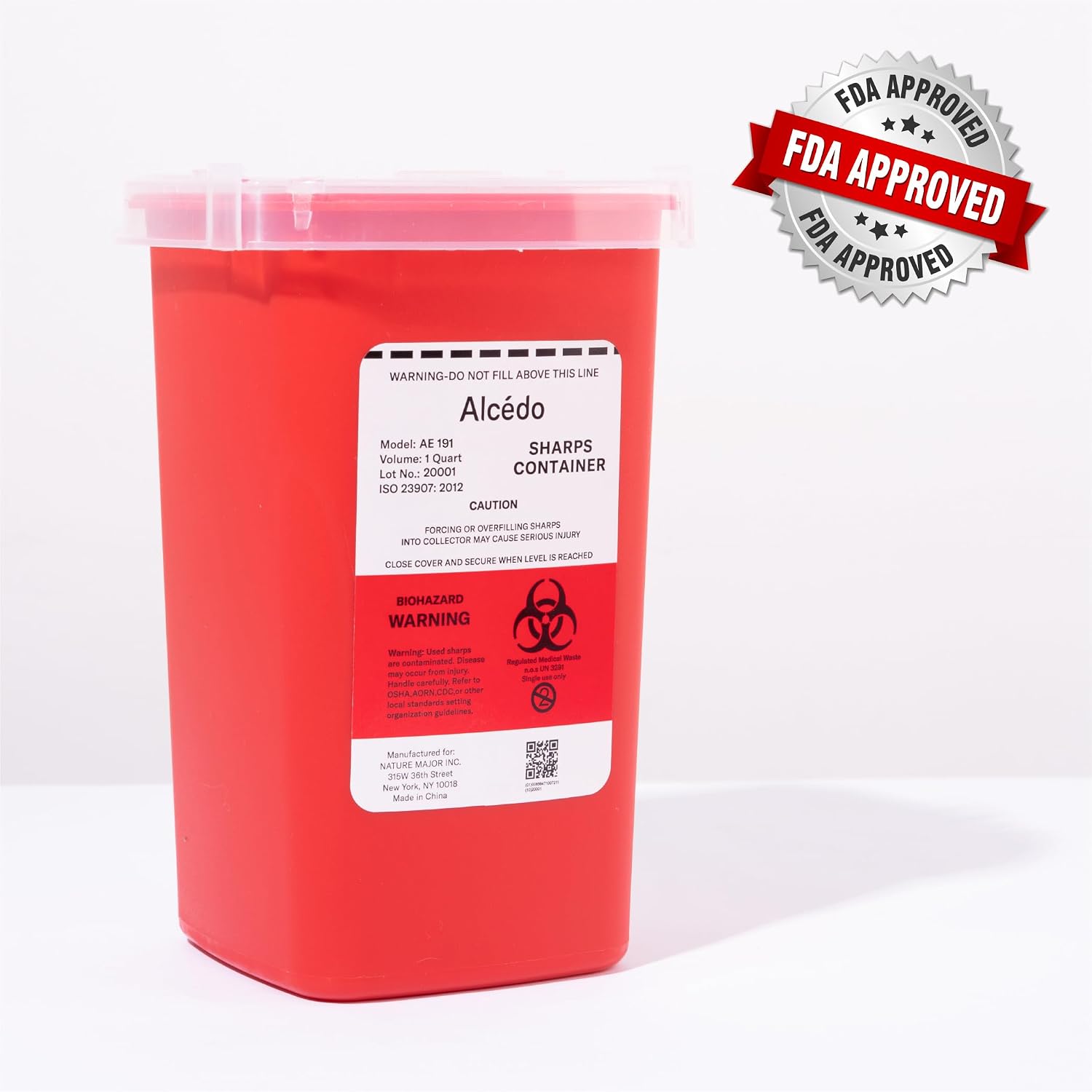 Alcedo 1 Quart portable sharps container with built-in needle removal port clear lid for safe needle and syringe disposal