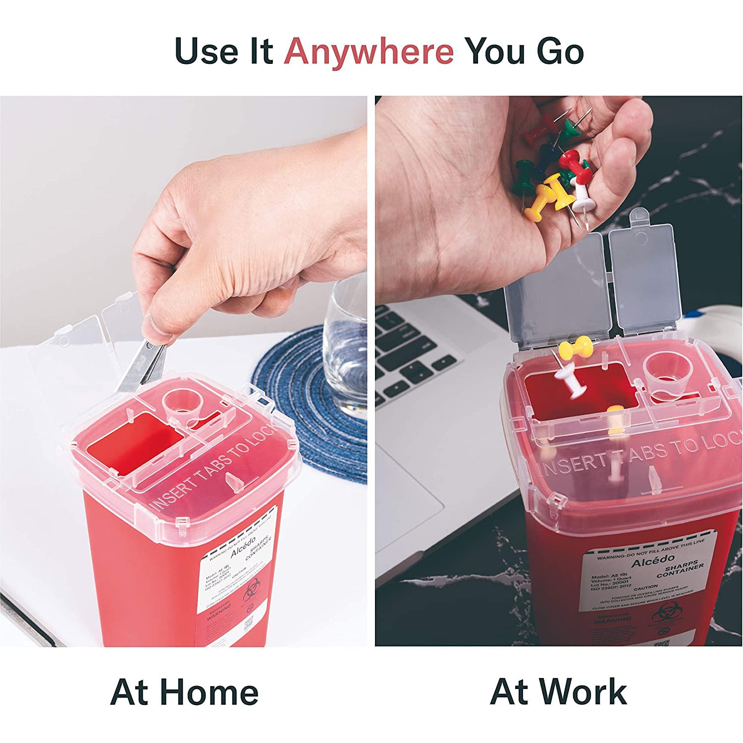 Alcedo 1 Quart portable sharps container with built-in needle removal port clear lid for safe needle and syringe disposal