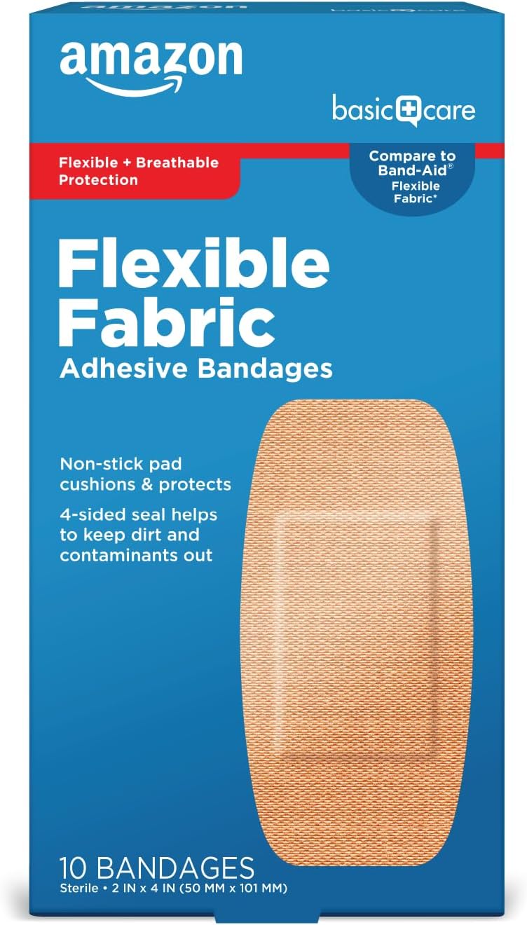 Amazon Basic Care Flexible Fabric Adhesive Bandages XL 2 x 4 inch with non-stick pad for cuts and scrapes 10 count