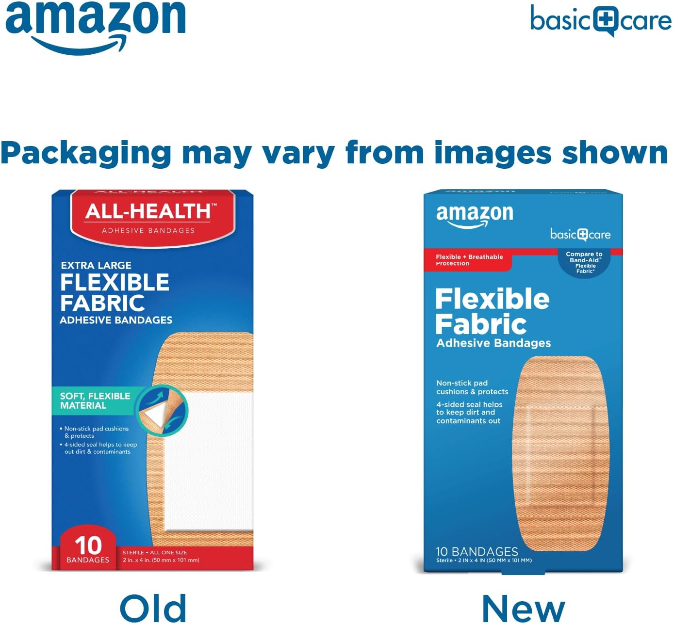 Amazon Basic Care Flexible Fabric Adhesive Bandages XL 2 x 4 inch with non-stick pad for cuts and scrapes 10 count