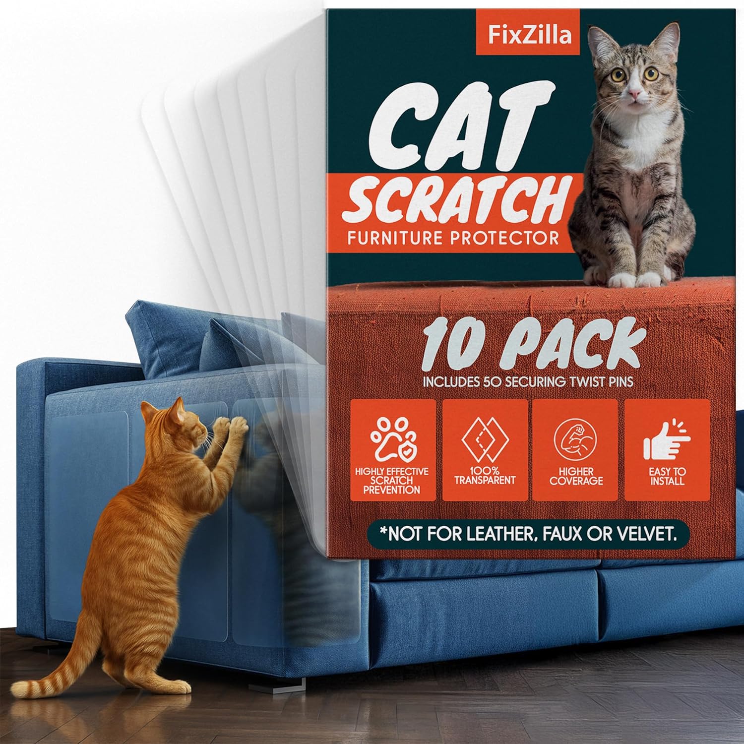 Anti cat scratch furniture protector 10-pack clear heavy-duty couch protectors with 50 twist pins for sofas walls doors and furniture corners