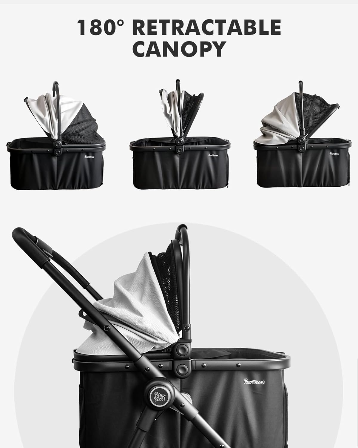 Black pet stroller for small dogs and cats with foldable frame detachable carrier breathable mesh storage basket and cup holder