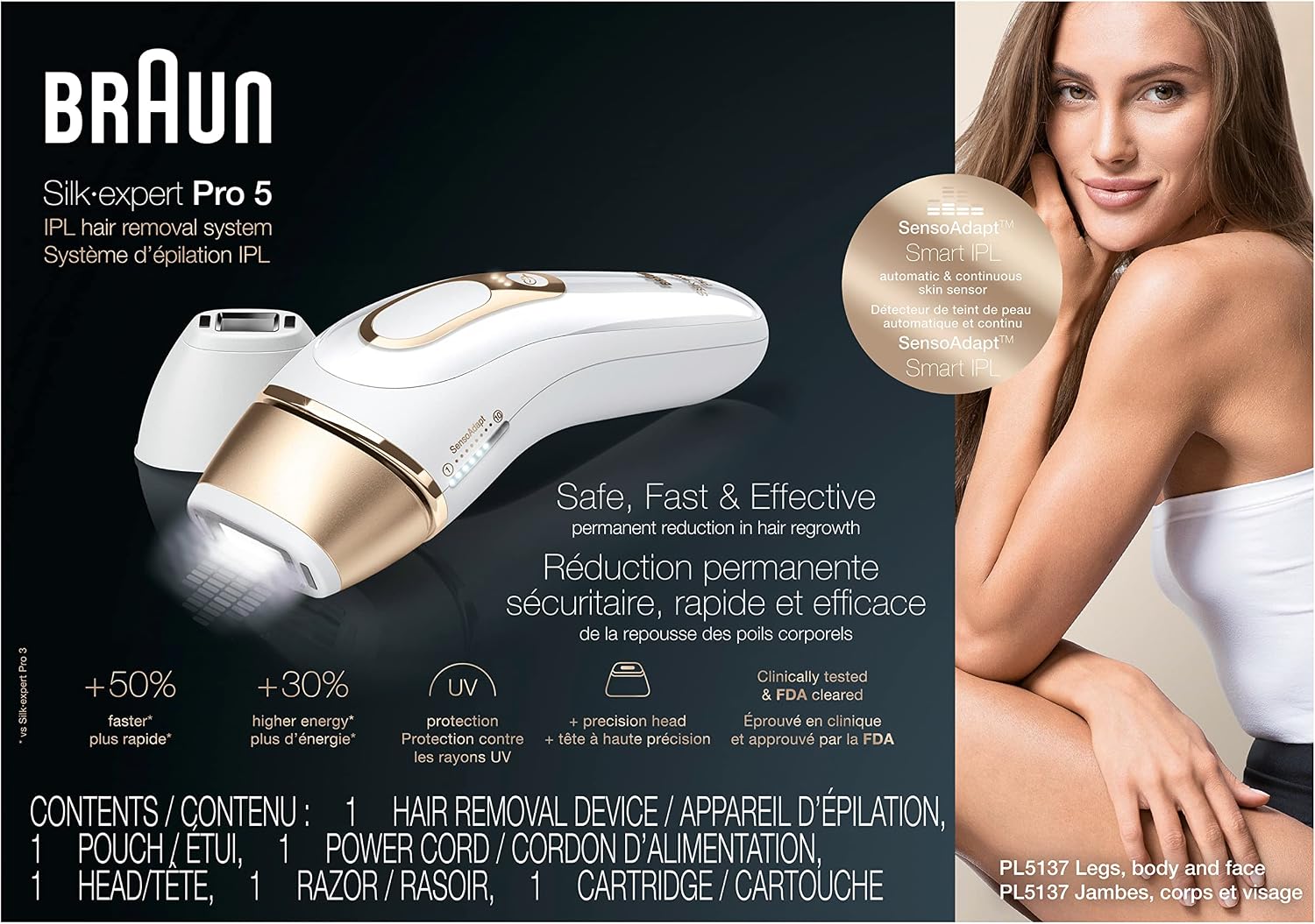 Braun Silk Expert Pro 5 IPL hair removal device with two precision heads for at-home hair reduction for women and men