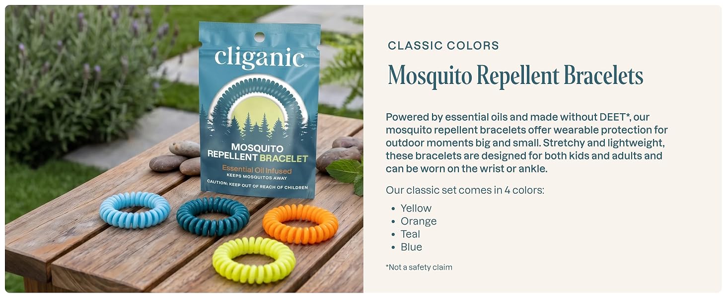 Cliganic 10 pack natural DEET-free mosquito repellent bracelets individually wrapped for adults and kids