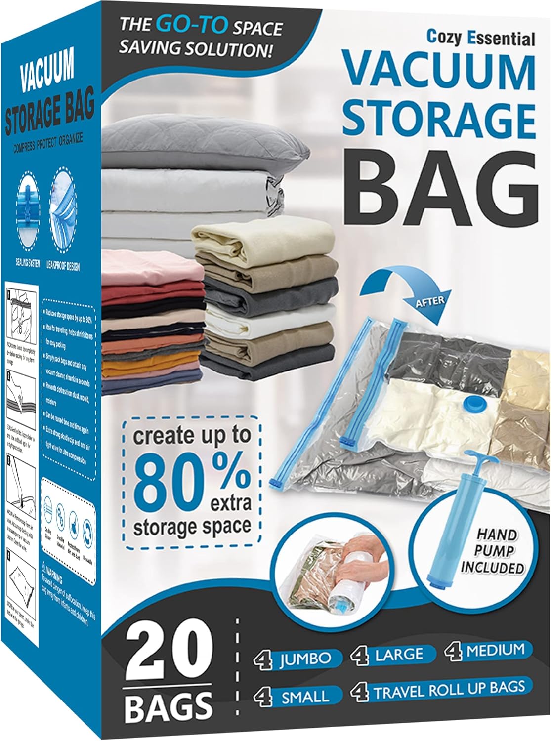 Cozy Essential vacuum storage bags 20 combo pack with 80 percent compression for clothes blankets pillows bedding and comforters