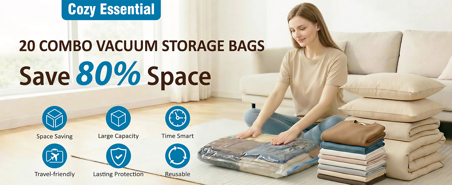 Cozy Essential vacuum storage bags 20 combo pack with 80 percent compression for clothes blankets pillows bedding and comforters