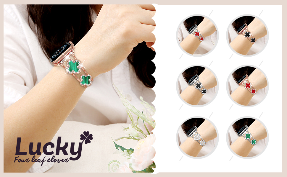 Diamond metal Apple Watch band for women with sparkling crystal clover bracelet compatible with Apple Watch Series 11 SE Ultra 38mm to 49mm
