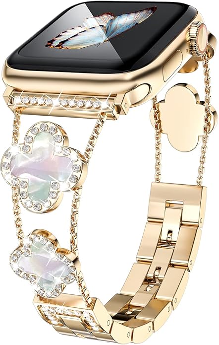 Diamond metal Apple Watch band for women with sparkling crystal clover bracelet compatible with Apple Watch Series 11 SE Ultra 38mm to 49mm