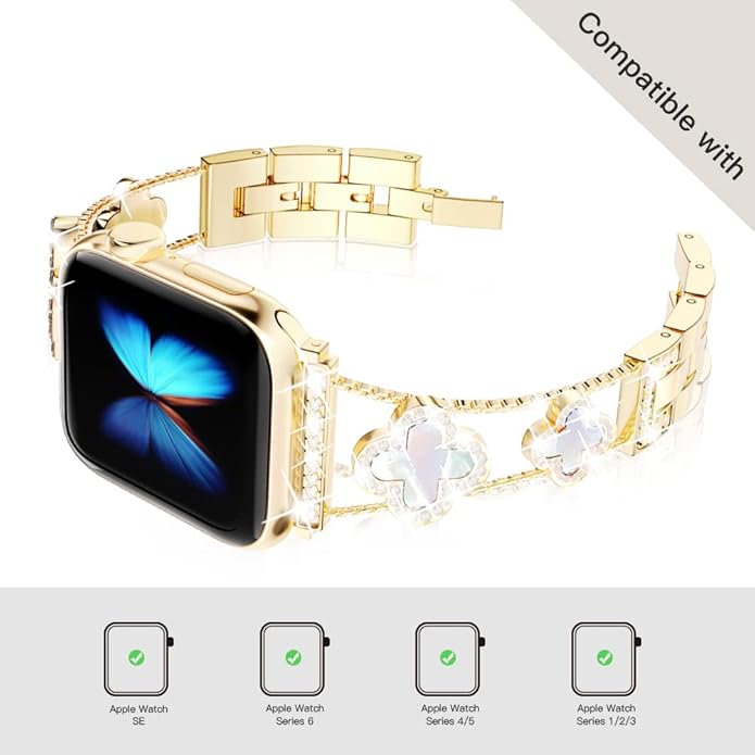 Diamond metal Apple Watch band for women with sparkling crystal clover bracelet compatible with Apple Watch Series 11 SE Ultra 38mm to 49mm