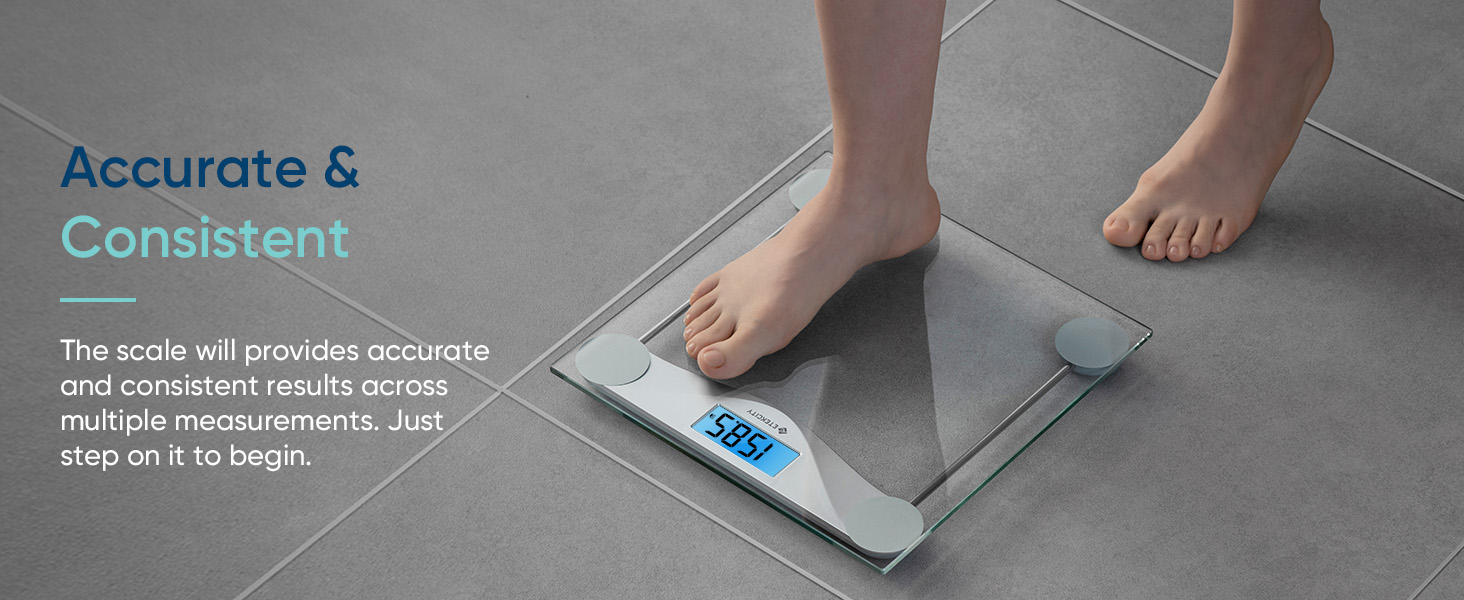 Etekcity digital body weight bathroom scale with large blue LCD backlight display high precision sensors and 6mm tempered glass platform