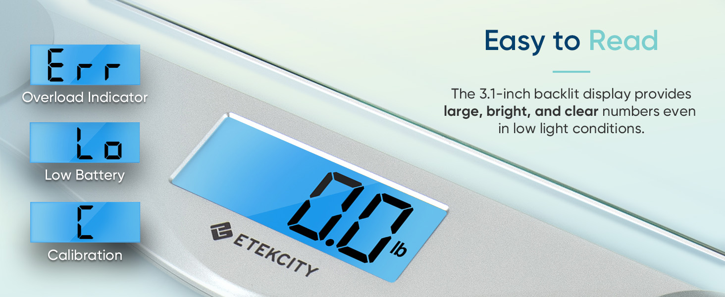 Etekcity digital body weight bathroom scale with large blue LCD backlight display high precision sensors and 6mm tempered glass platform