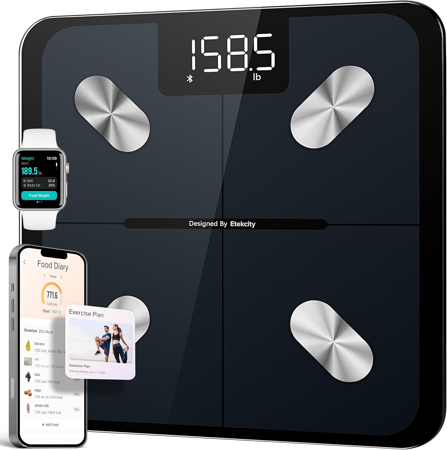 Etekcity Smart Scale for Body Weight with Bluetooth BMI body fat muscle mass tracking LED display and tempered glass platform