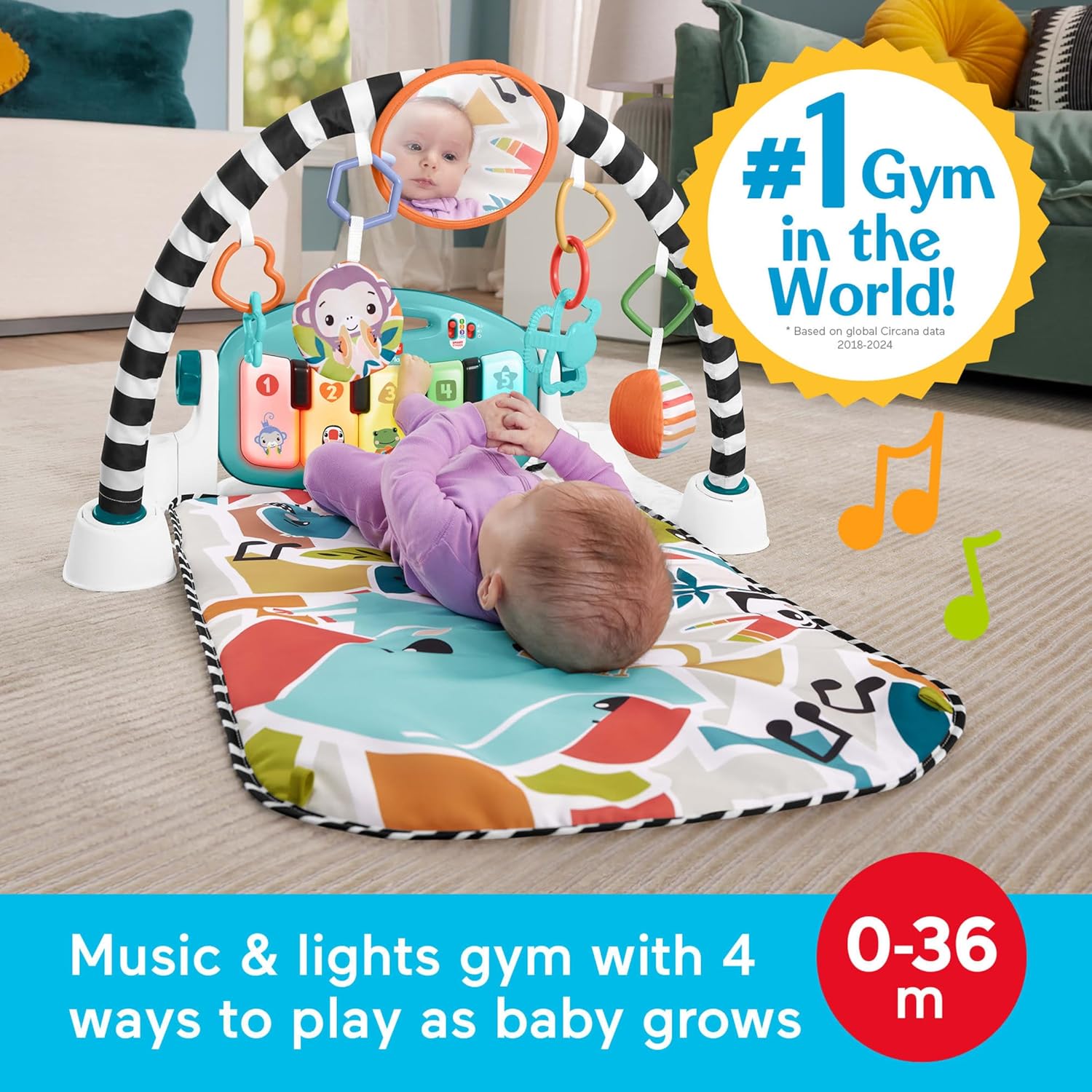 Fisher-Price Glow and Grow Kick and Play Piano Gym blue baby playmat with musical piano and developmental activity toys for newborns