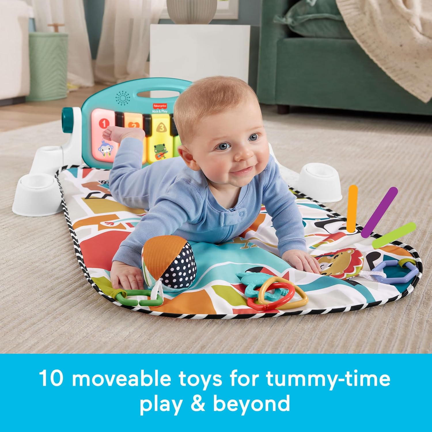 Fisher-Price Glow and Grow Kick and Play Piano Gym blue baby playmat with musical piano and developmental activity toys for newborns