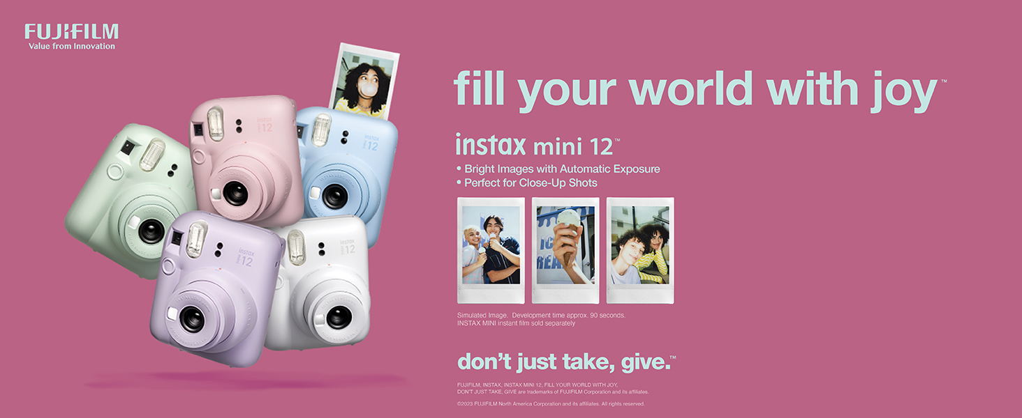 Fujifilm Instax Mini 12 instant film camera in Clay White with built-in selfie mirror and automatic exposure for instant photo printing
