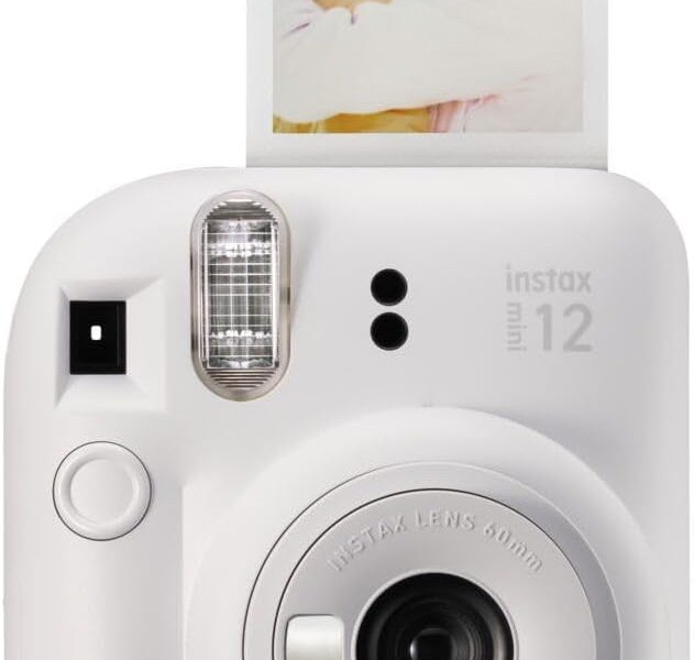 Fujifilm Instax Mini 12 instant film camera in Clay White with built-in selfie mirror and automatic exposure for instant photo printing
