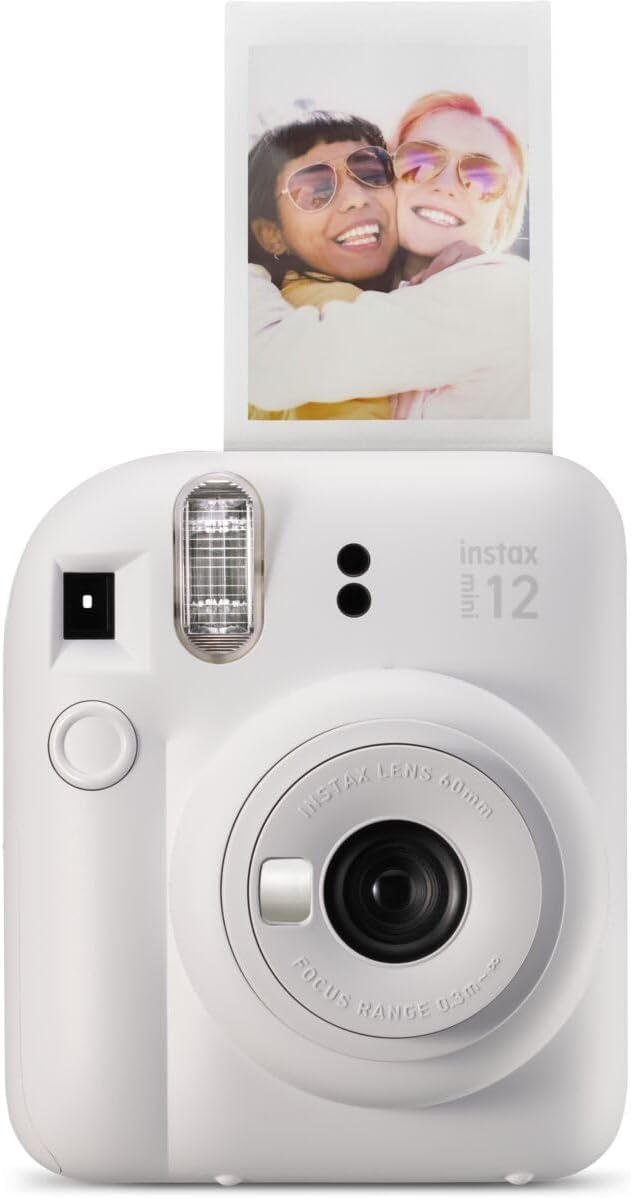 Fujifilm Instax Mini 12 instant film camera in Clay White with built-in selfie mirror and automatic exposure for instant photo printing