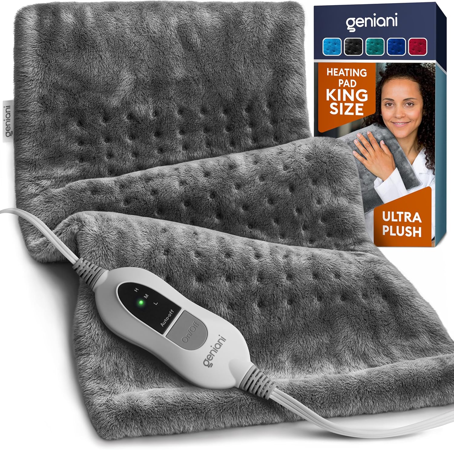 GENIANI Electric Heating Pad for back neck and shoulder comfort with soft microplush fabric adjustable heat settings auto shut off and machine washable design