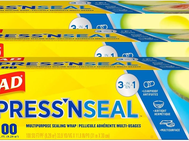 Glad Press'N Seal Plastic Food Wrap 100 square foot roll pack of 3 with Grip Seal Technology for food storage and meal prep