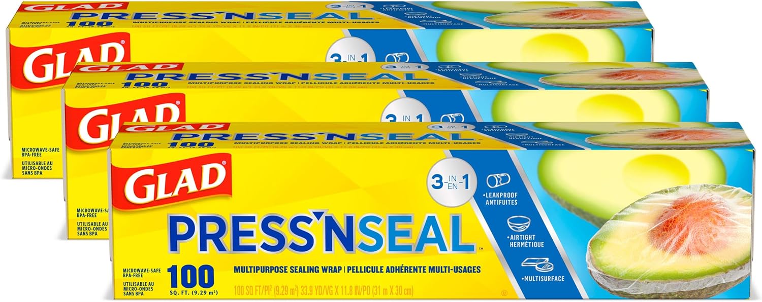 Glad Press'N Seal Plastic Food Wrap 100 square foot roll pack of 3 with Grip Seal Technology for food storage and meal prep