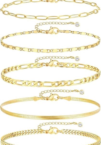 14K gold plated waterproof layered Cuban link ankle bracelets for women adjustable 5 piece anklet jewelry set