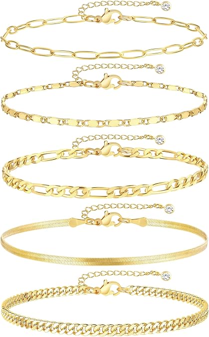 14K gold plated waterproof layered Cuban link ankle bracelets for women adjustable 5 piece anklet jewelry set