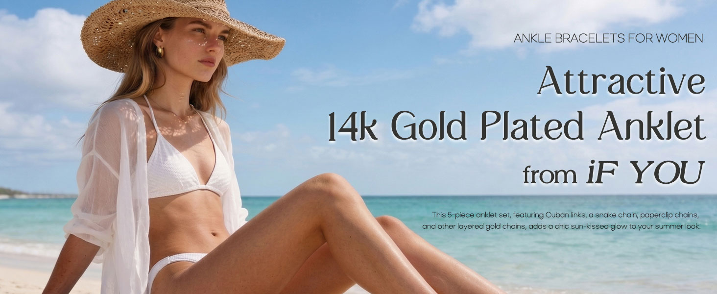 14K gold plated waterproof layered Cuban link ankle bracelets for women adjustable 5 piece anklet jewelry set