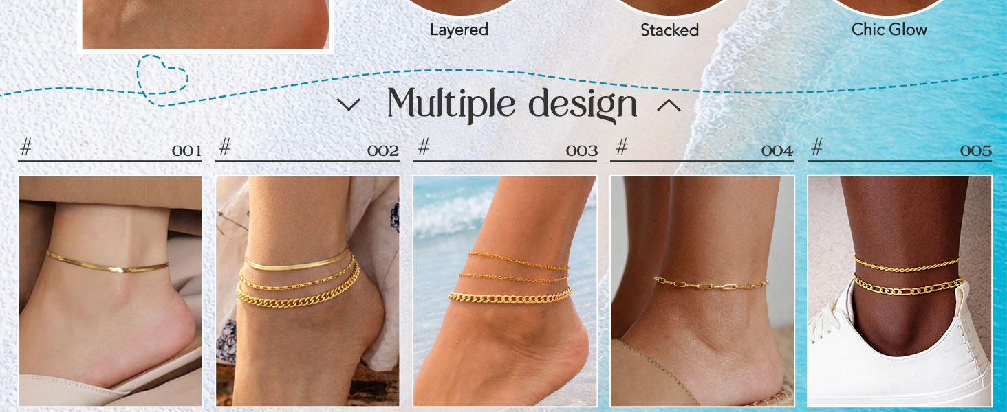 14K gold plated waterproof layered Cuban link ankle bracelets for women adjustable 5 piece anklet jewelry set