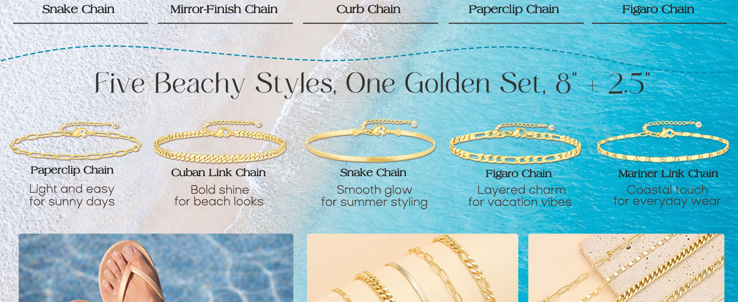 14K gold plated waterproof layered Cuban link ankle bracelets for women adjustable 5 piece anklet jewelry set