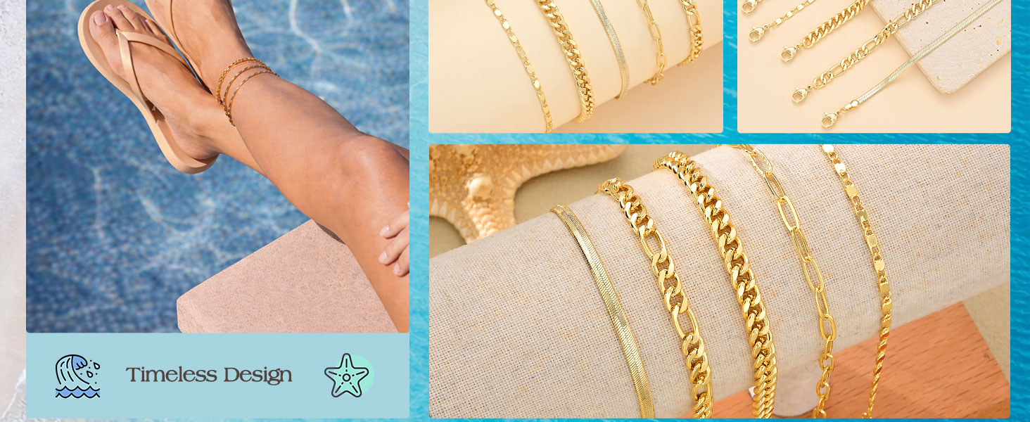14K gold plated waterproof layered Cuban link ankle bracelets for women adjustable 5 piece anklet jewelry set