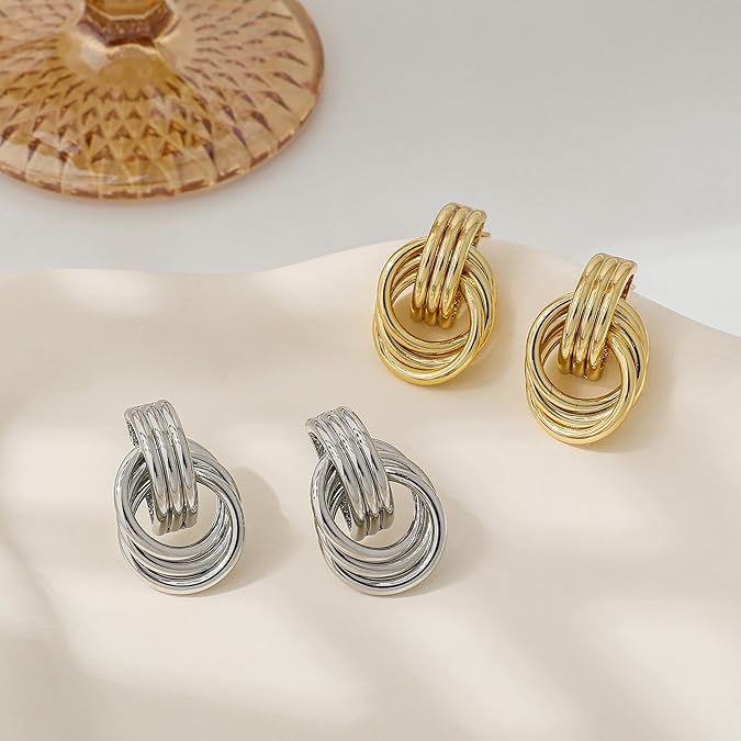 Gold plated chunky knot drop dangle earrings for women lightweight hypoallergenic statement fashion jewelry